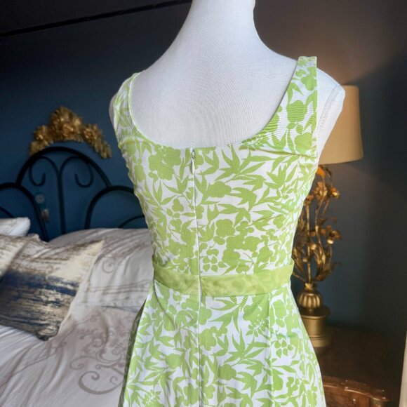 Lime Green and Off White Floral Tea Dress Vintage - Picture 6 of 12